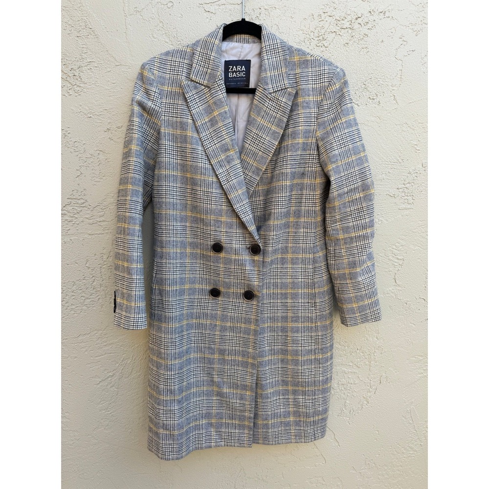Zara Womens Black White Plaid dbl Breasted long Blazer SMALL Heritage Academia